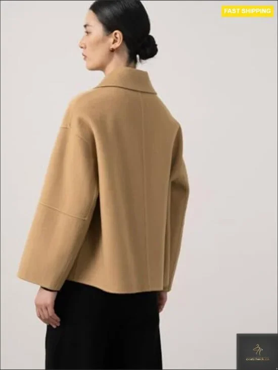 Cropped Wool Pea Coat Double Breasted Notched Lapel Chic Oversized Blazer Style - Picture 4 of 7